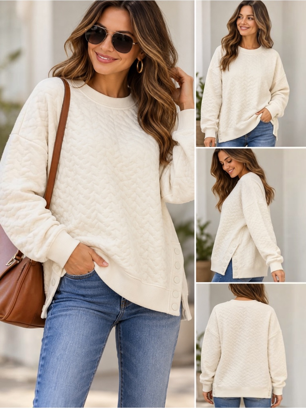 NWT Natural Reflections Quilted Crew Pullover Women L Cream Egret Side Snap